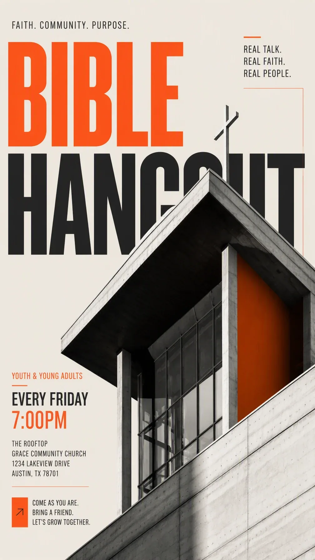Theme: [church building Main title: Bible hangout Architecture: [roof top Accent color: [Accent Color] Type i… - AI prompt reference from CC Prompt Galaxy