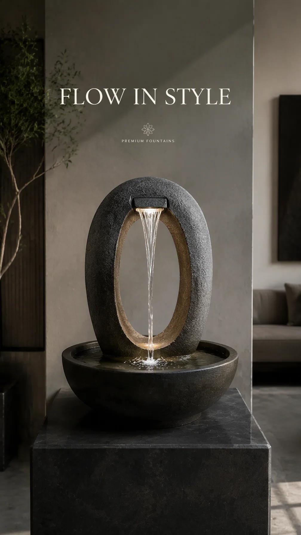 Premium 4:5 advertising poster for a luxury fountain brand. A sculptural tabletop water fountain centered on … - AI提示词参考图，来自西西提示词