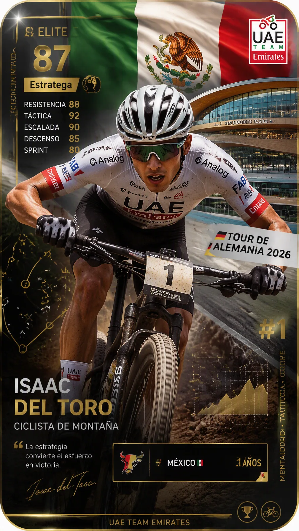 Isaac del Toro - Ciclista de Montaña estratega "Tarjeta coleccionable Elite 9:16, Issac del Toro en su bicicl… - AI提示词参考图，来自西西提示词