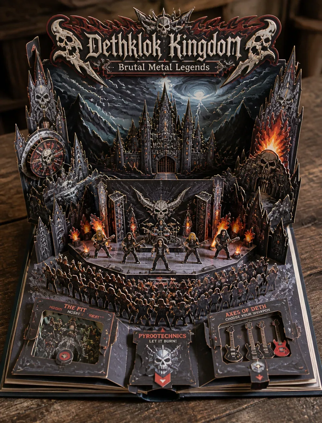 Create a Metalocalypse-themed 3D pop-up papercraft storybook diorama on rustic table, elevated view. Title "D… - AI提示词参考图，来自西西提示词