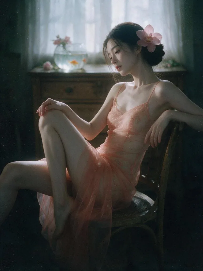 A delicate young beautiful Taiwan idol with soft porcelain skin and refined features, dark hair in an elegant… - AI提示词参考图，来自西西提示词