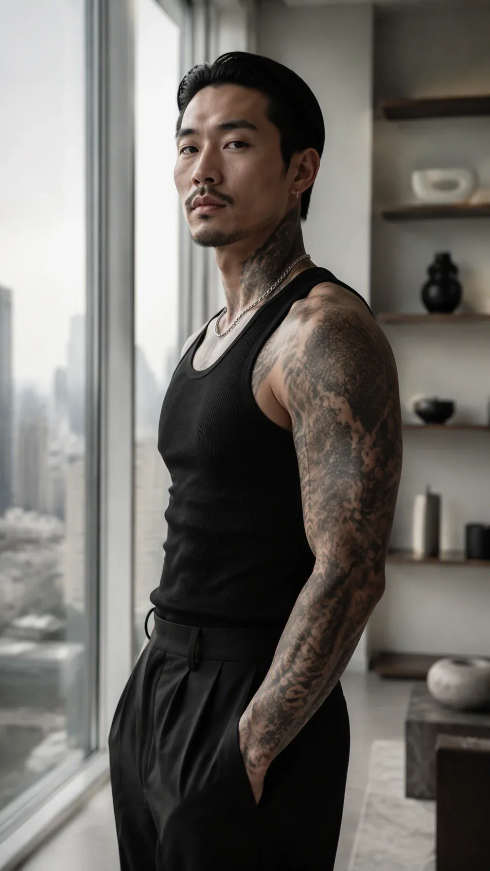 A tattooed Asian man stands in three-quarter profile inside a modern high-rise apartment, one hand tucked int… - AI prompt reference from CC Prompt Galaxy