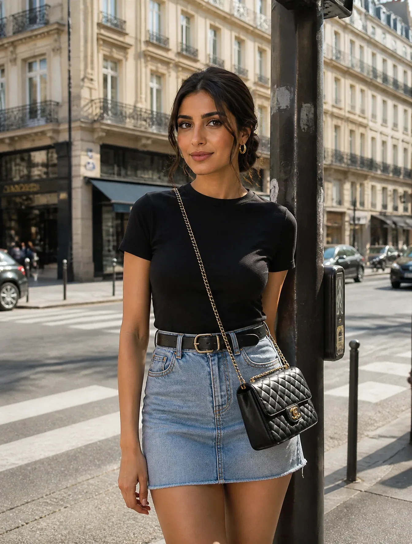 A modern street-style fashion portrait of a stylish young woman's same as reference photo standing on a Europ… - AI提示词参考图，来自西西提示词