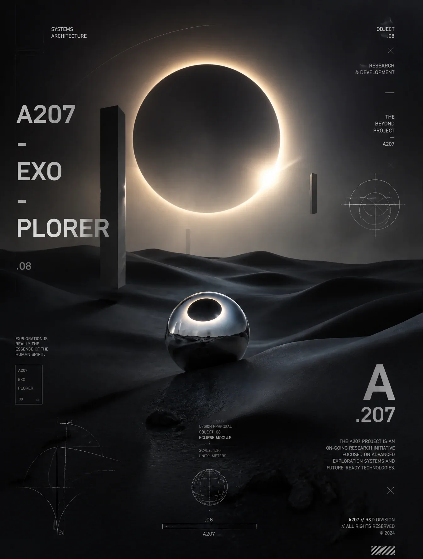 A surreal black desert with perfectly smooth dunes beneath an enormous glowing circular eclipse. Floating geo… - AI提示词参考图，来自西西提示词