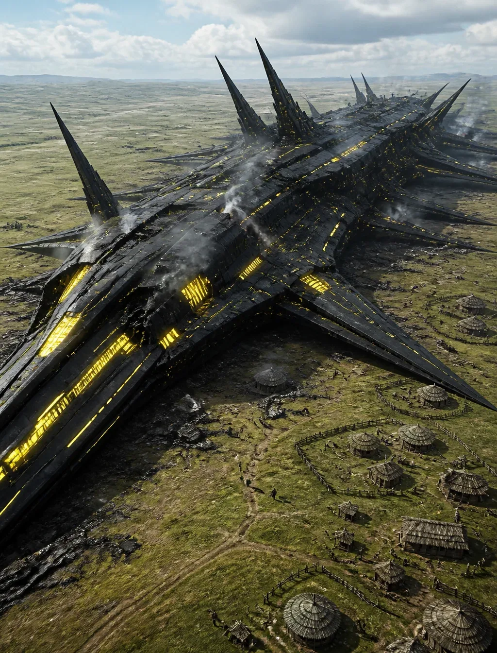 Futuristic sci-fi, crashed battlecruiser, 15 kilometers long, sharp thorns, in black with yellow neon LED lig… - AI提示词参考图，来自西西提示词