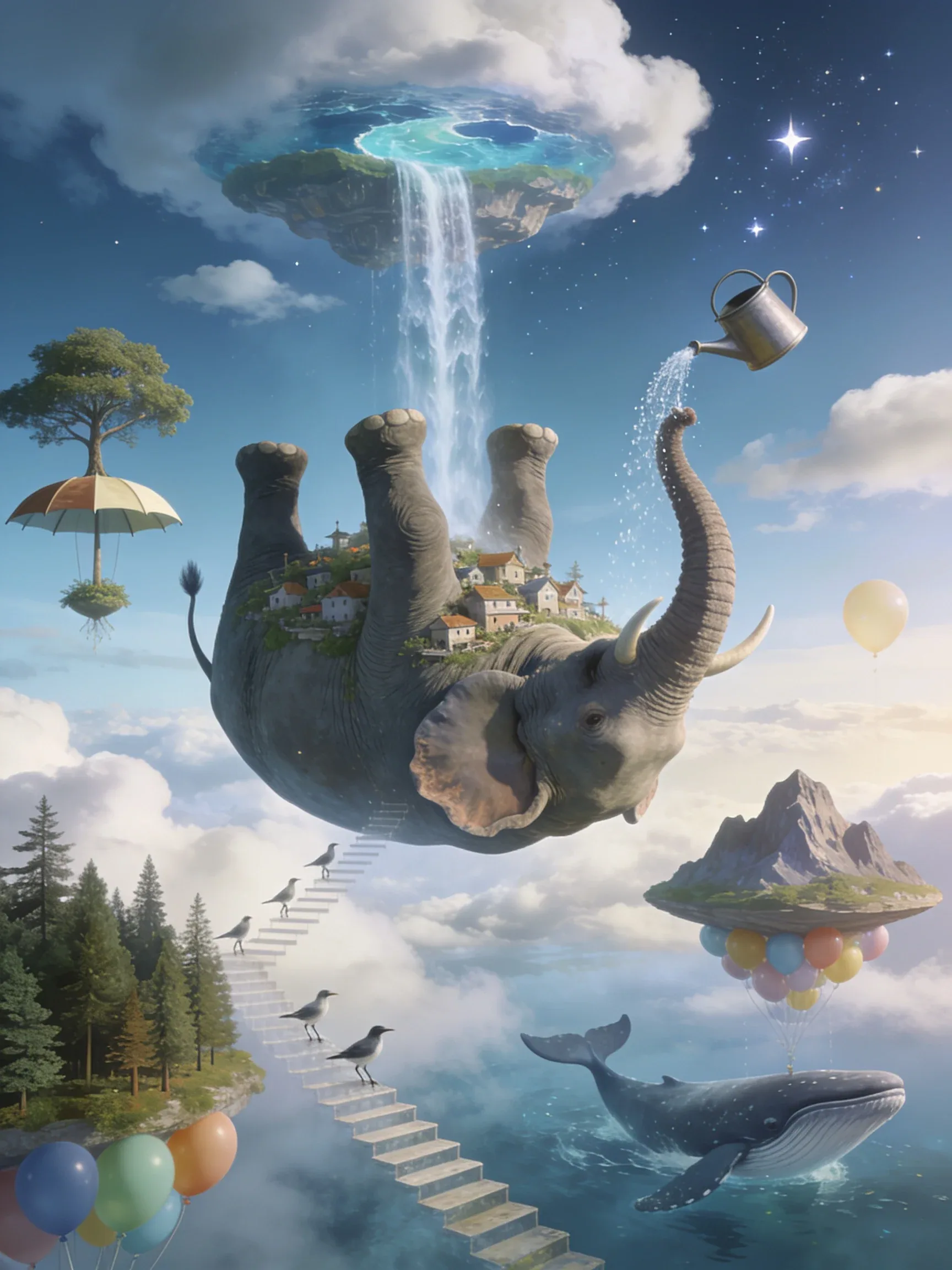 The Elephant That Forgot Gravity An enormous elephant calmly floats upside down across the sky while tiny vil… - AI提示词参考图，来自西西提示词