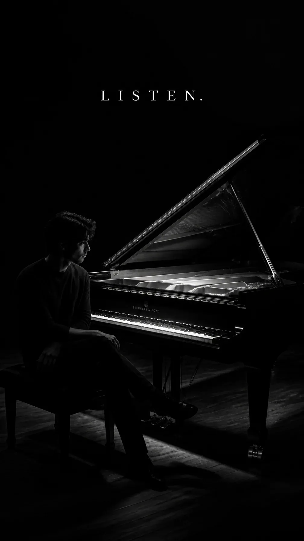 Premium editorial.Main Subject: Young musician sitting beside a grand piano.Creative Direction: Only piano il… - AI提示词参考图，来自西西提示词