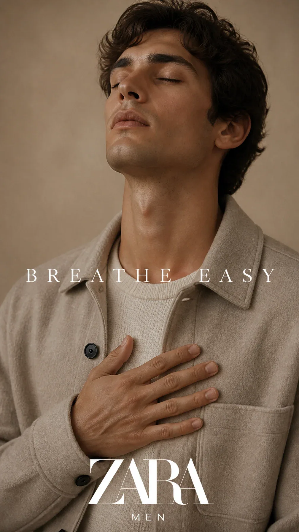 Luxury Zara editorial campaign. Main Subject: Young male model wearing an oversized warm oatmeal overshirt la… - AI prompt reference from CC Prompt Galaxy