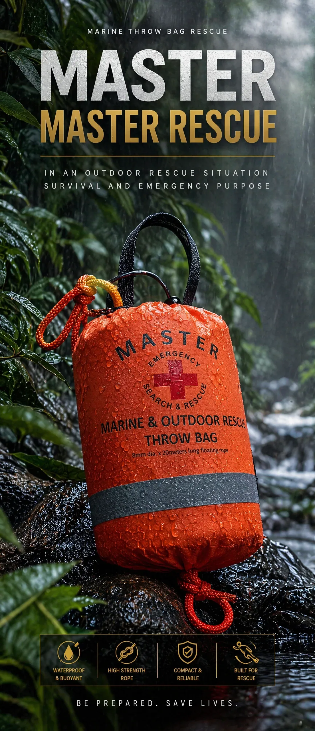 Create a outdoor Throw Bag advertising poster for a outdoor used. Design it as a polished commercial poster w… - AI提示词参考图，来自西西提示词