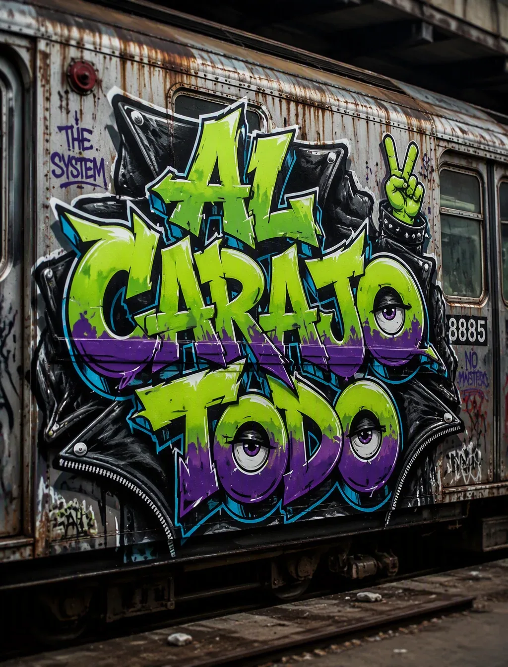A complex, colorful urban graffiti "piece" spray-painted onto the side of a weathered, rusted subway train ca… - AI提示词参考图，来自西西提示词