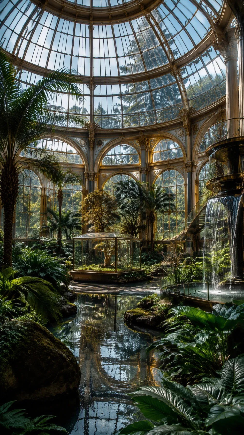 Ultra realistic luxury botanical museum interior. A grand glass dome filled with rare exotic plants, elegant … - AI prompt reference from CC Prompt Galaxy