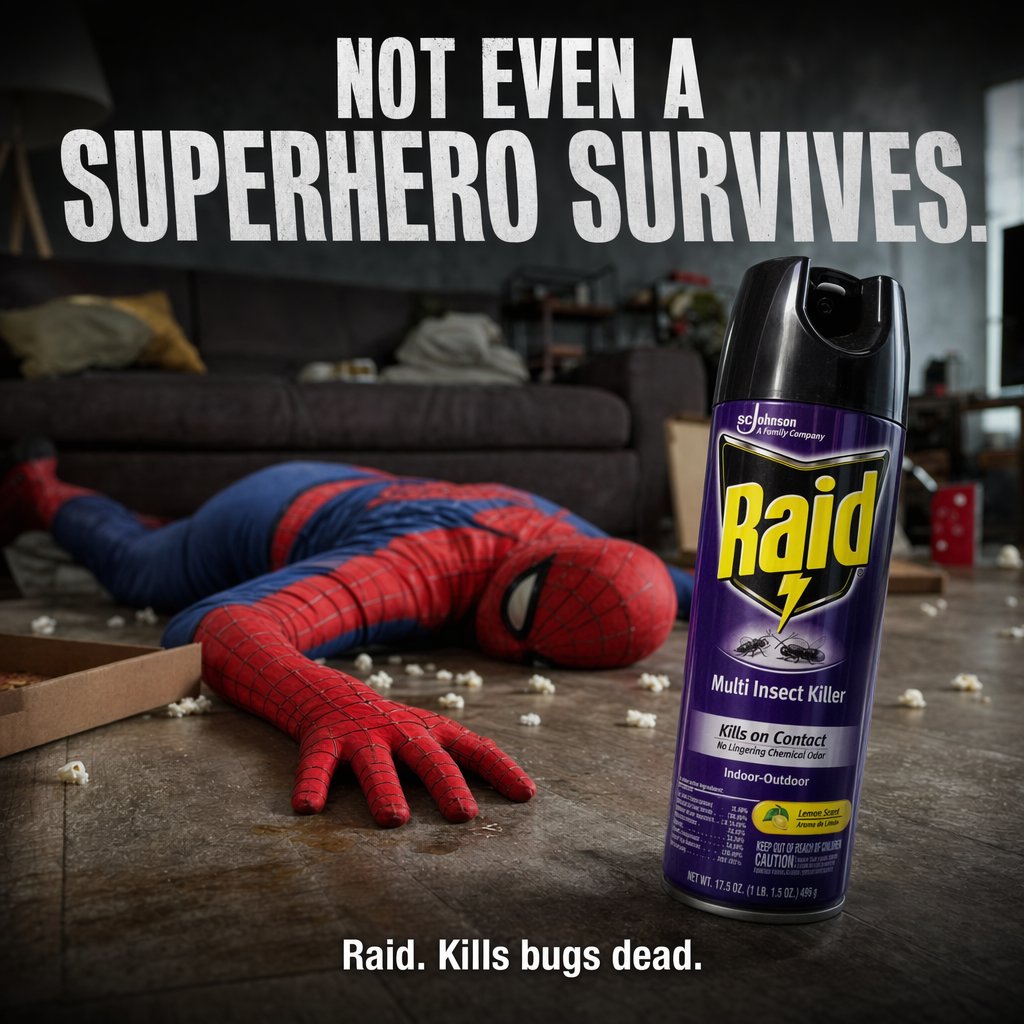 A darkly comedic, cinematic product advertisement staged in a messy modern living room at night. In the backg… - AI提示词参考图，来自西西提示词