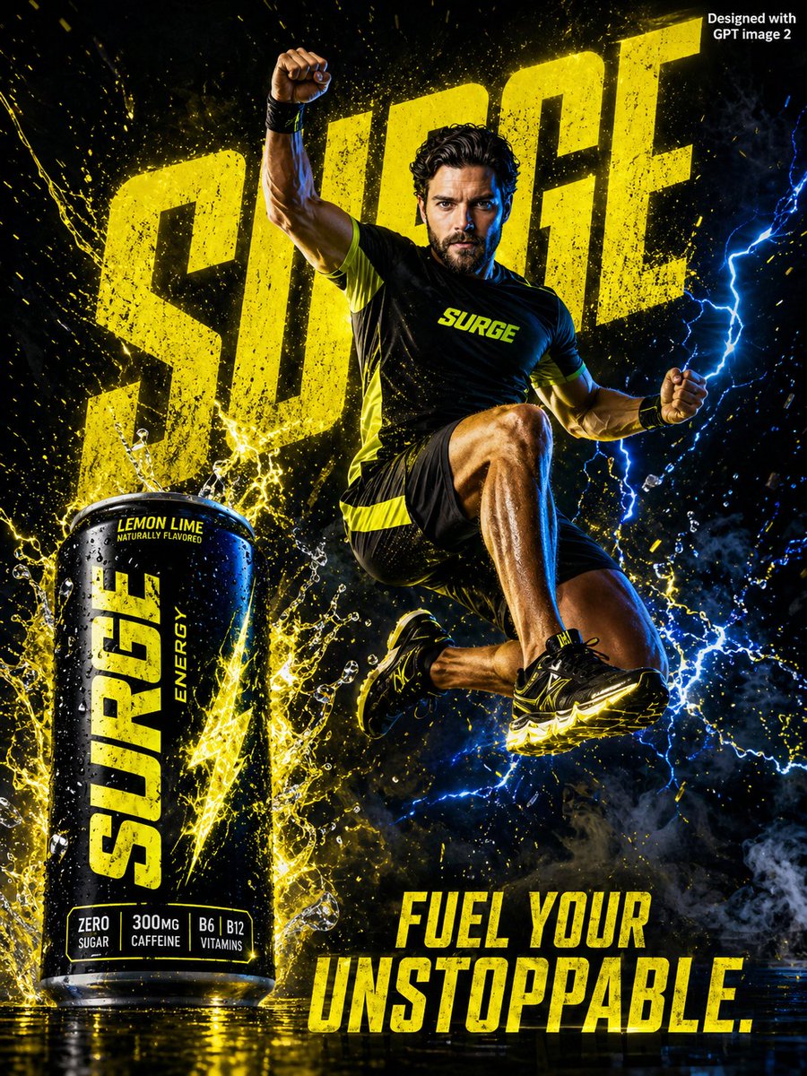 Create a dynamic high energy drink advertisement for "{argument name="brand" default="SURGE"}" brand. Person … - AI prompt reference from CC Prompt Galaxy