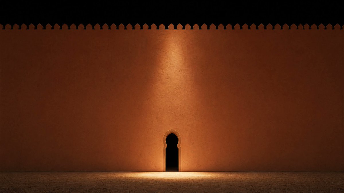 A minimalist cinematic night scene of a massive {argument name="wall color" default="warm terracotta"} stucco… - AI提示词参考图，来自西西提示词