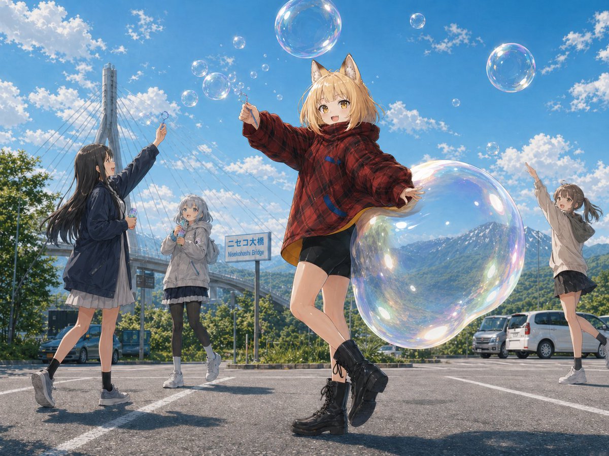 Create a bright, highly detailed anime-style summer scene in a mountain parking lot beside a cable-stayed bri… - AI提示词参考图，来自西西提示词