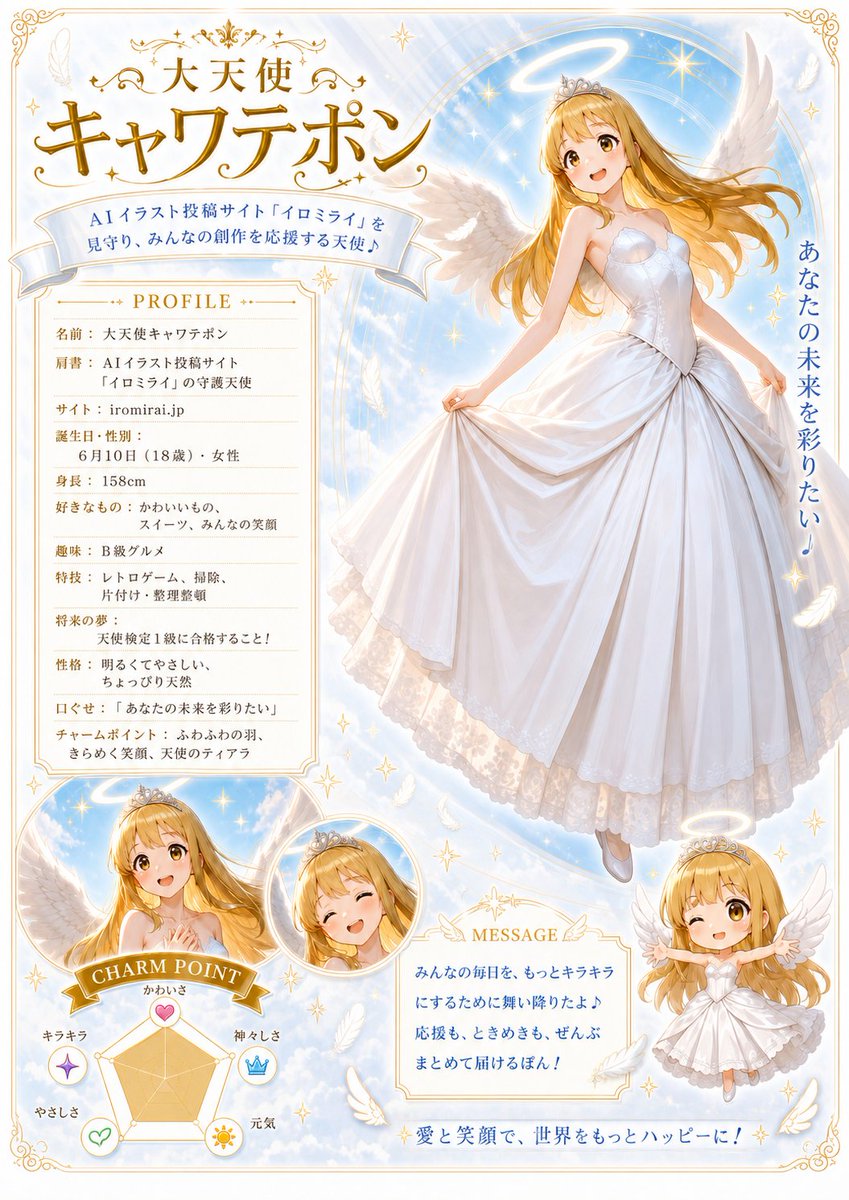 {"type":"ornate anime angel character profile poster","style":"bright celestial fantasy, polished Japanese mo… - AI提示词参考图，来自西西提示词