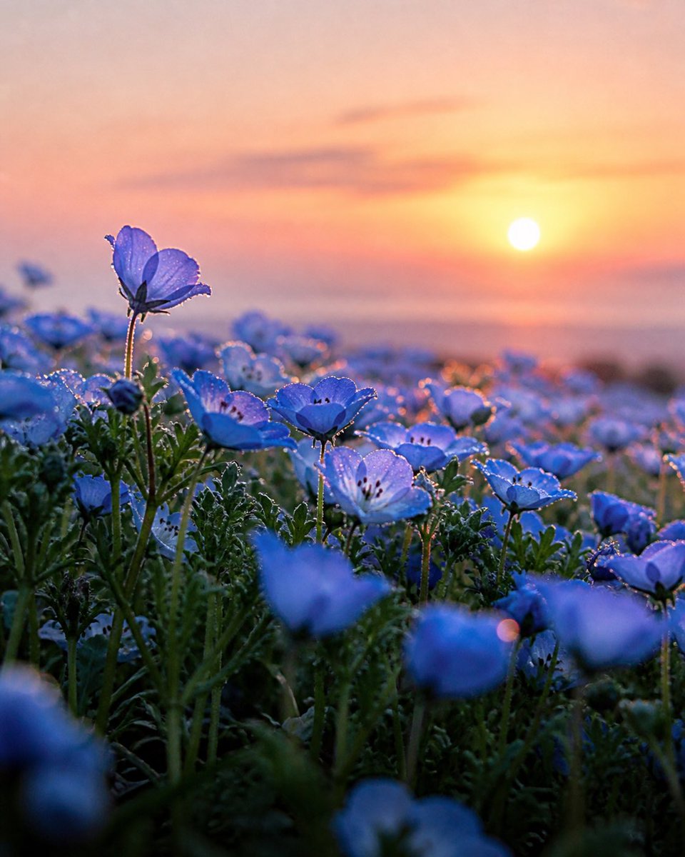 Create a photorealistic close-up macro landscape of a field of {argument name="flower type" default="blue nem… - AI提示词参考图，来自西西提示词