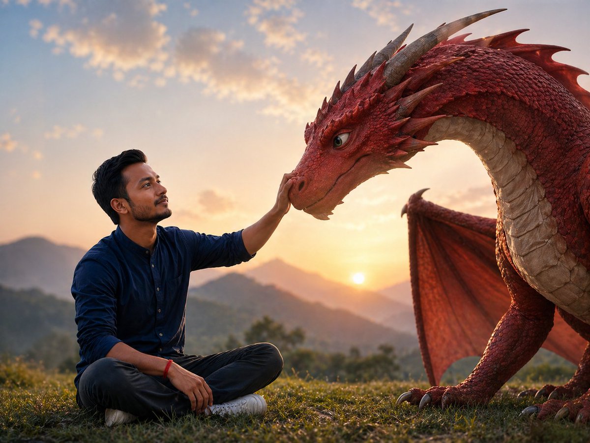 Create a cinematic photorealistic fantasy scene at golden hour: a young man with a deliberately blurred squar… - AI提示词参考图，来自西西提示词