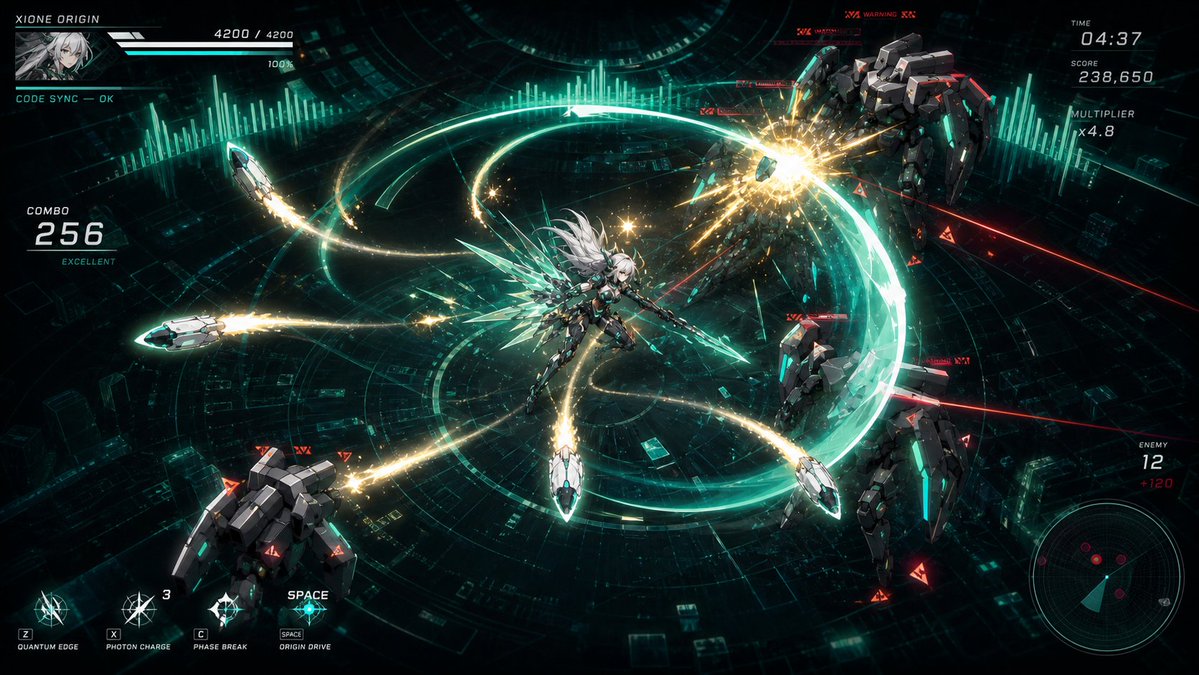Goal: Create a widescreen futuristic anime action game screenshot of a cybernetic aerial battle, like a polis… - AI prompt reference from CC Prompt Galaxy