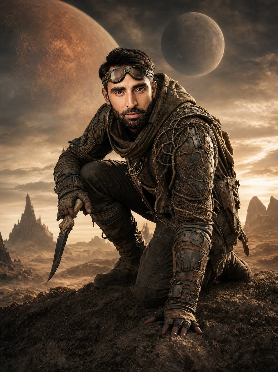 Create a cinematic vertical sci-fi movie poster of {argument name="character name" default="a muscular lone m… - AI prompt reference from CC Prompt Galaxy