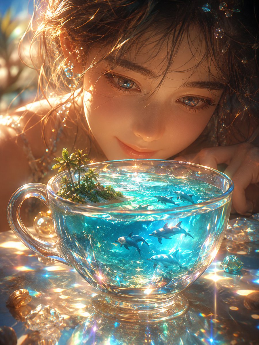 Create a dreamy photorealistic macro fantasy scene themed around a prism and a landscape inside a cup: a tran… - AI prompt reference from CC Prompt Galaxy