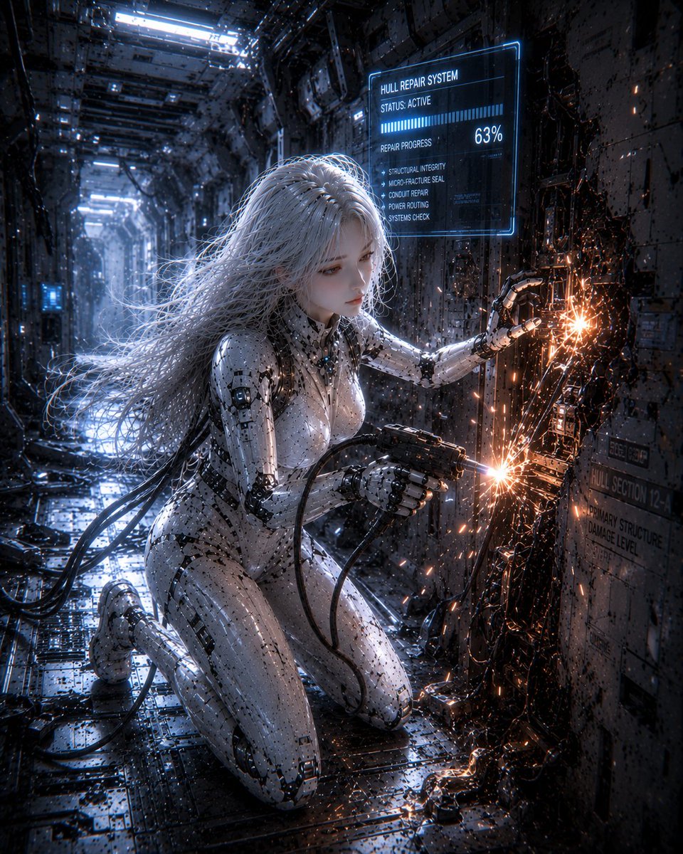 Create a cinematic vertical sci-fi scene inside a damaged spaceship maintenance corridor: a kneeling female a… - AI提示词参考图，来自西西提示词