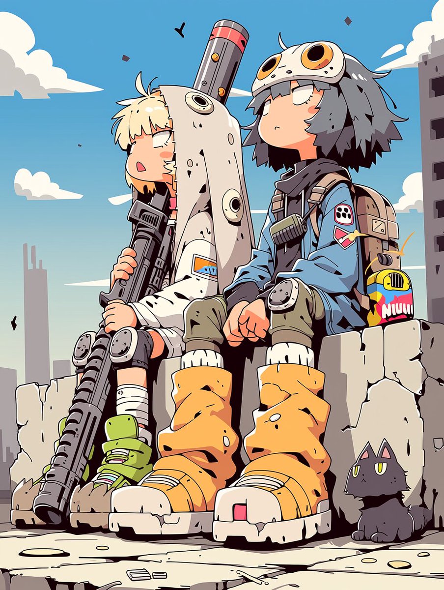 Create a stylized anime / manga illustration of two young post-apocalyptic scavenger kids sitting side by sid… - AI提示词参考图，来自西西提示词