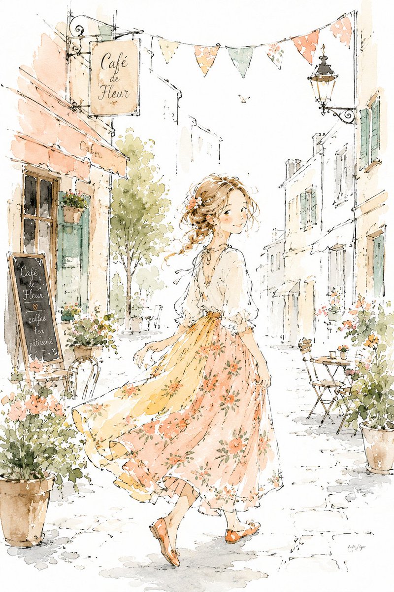 loose ink sketch watercolor illustration, minimalist whimsical street scene, {argument name="character" defau… - AI提示词参考图，来自西西提示词