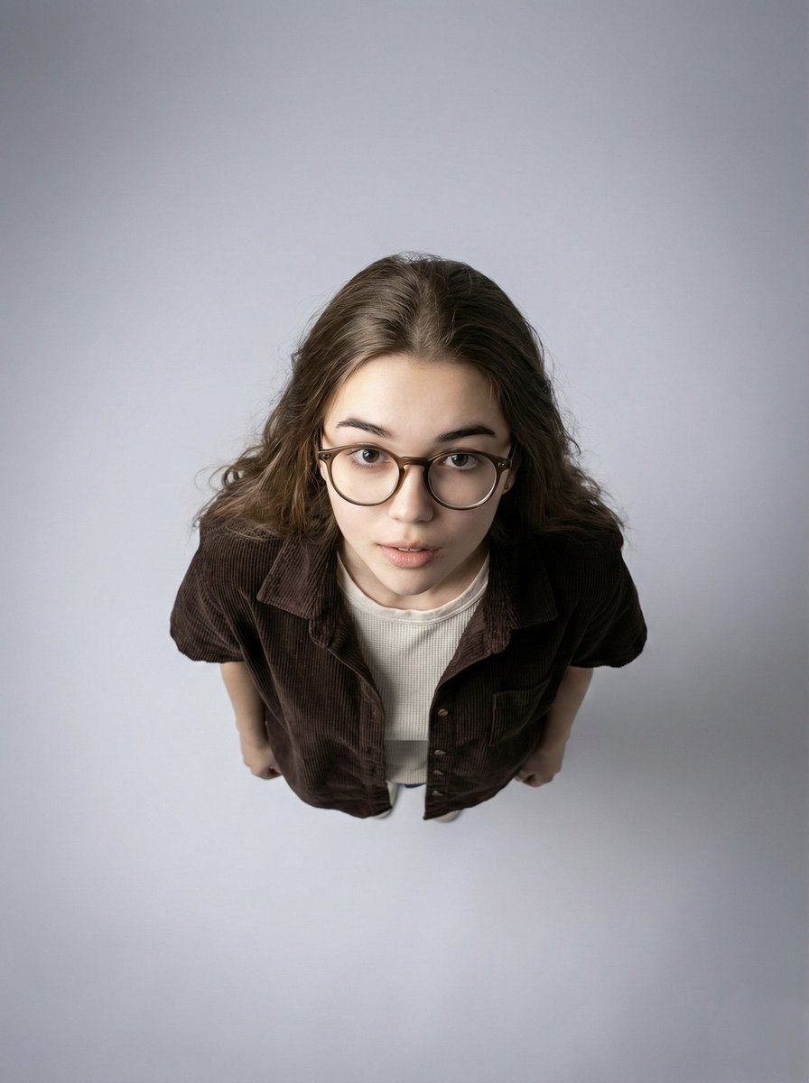 Ultra-wide angle, 90-degree top-down aerial studio portrait of a {argument name="subject" default="woman"} lo… - AI提示词参考图，来自西西提示词
