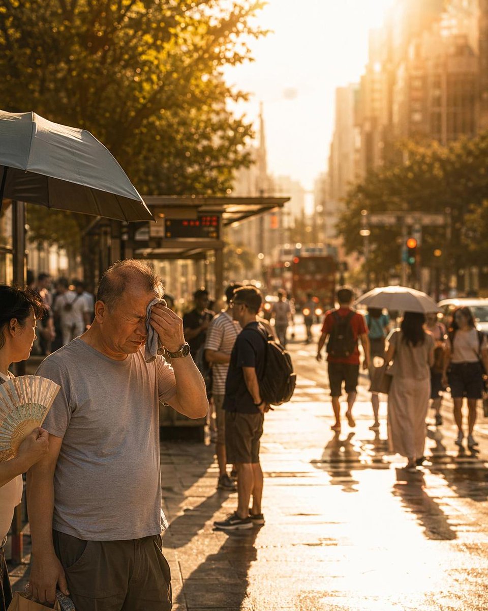 Ultra-realistic editorial lifestyle photography of a crowded city street during an intense summer heatwave. P… - AI prompt reference from CC Prompt Galaxy