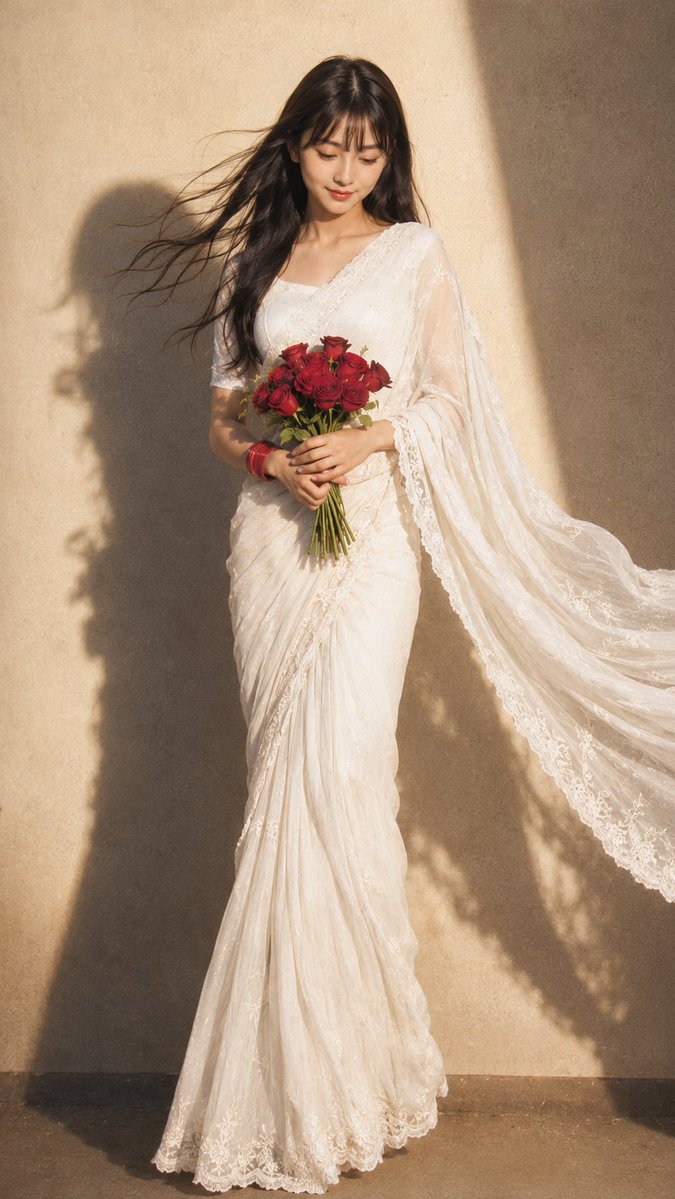 {argument name="outfit" default="A vintage sari paired with red bracelets"}, creating a Pinterest-style aesth… - AI提示词参考图，来自西西提示词