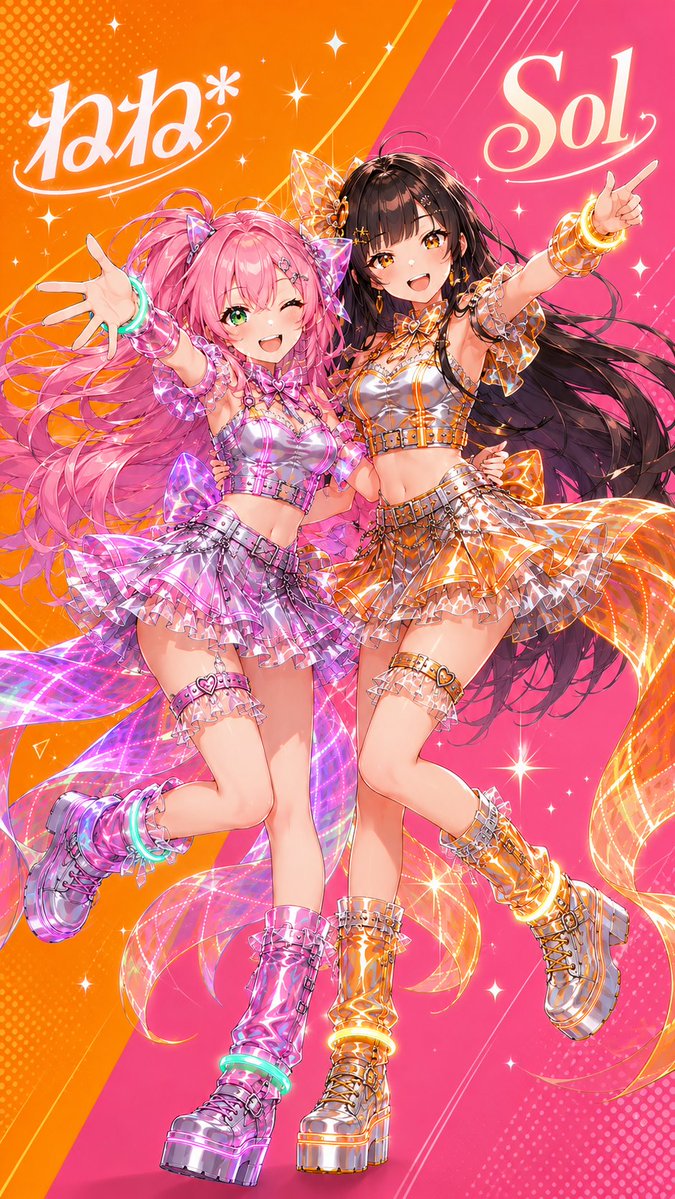 Create a vibrant vertical anime idol audition poster featuring two full-body teenage idol girls jumping toget… - AI提示词参考图，来自西西提示词