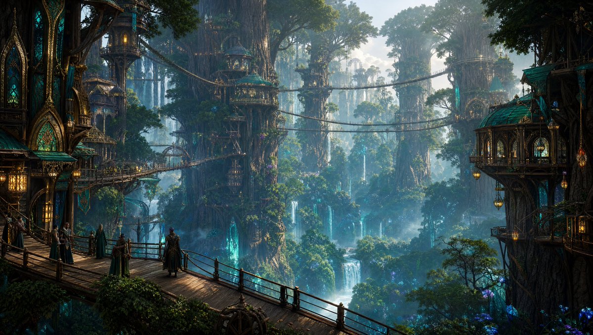 Create an epic cinematic fantasy environment concept art scene of an ancient elven treetop city built into co… - AI提示词参考图，来自西西提示词