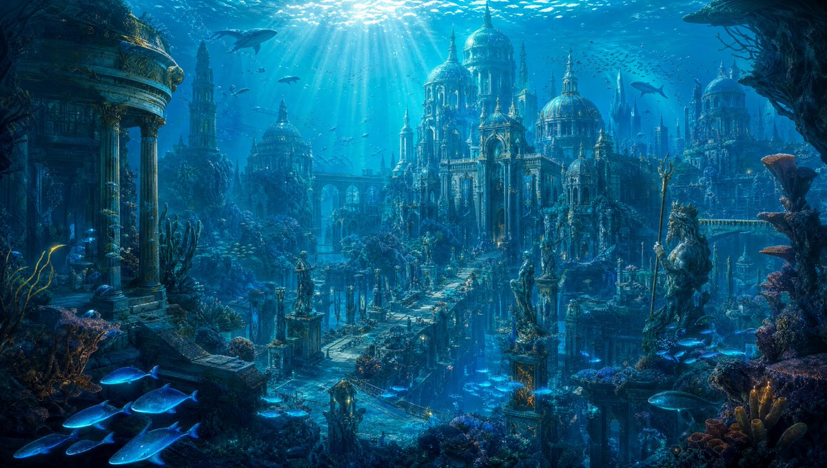 Create a wide cinematic fantasy underwater cityscape of {argument name="lost city name" default="Atlantis"}, … - AI提示词参考图，来自西西提示词