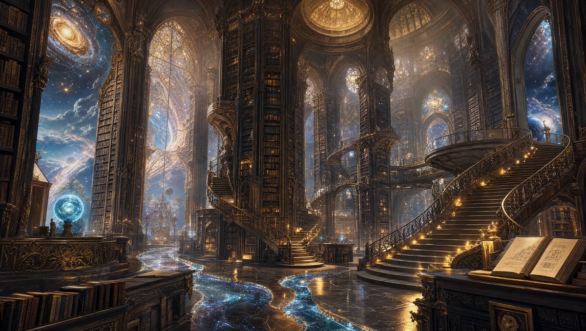Create an ultra-detailed cinematic fantasy environment: a vast celestial library inside a gothic cathedral-li… - AI提示词参考图，来自西西提示词
