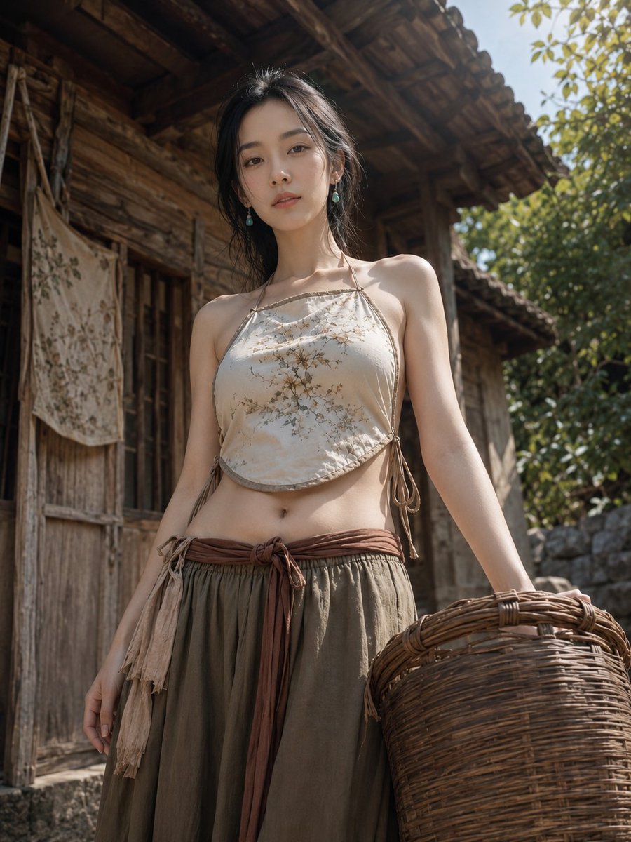 {argument name="subject" default="East Asian woman"} standing under {argument name="setting" default="weeping… - AI提示词参考图，来自西西提示词