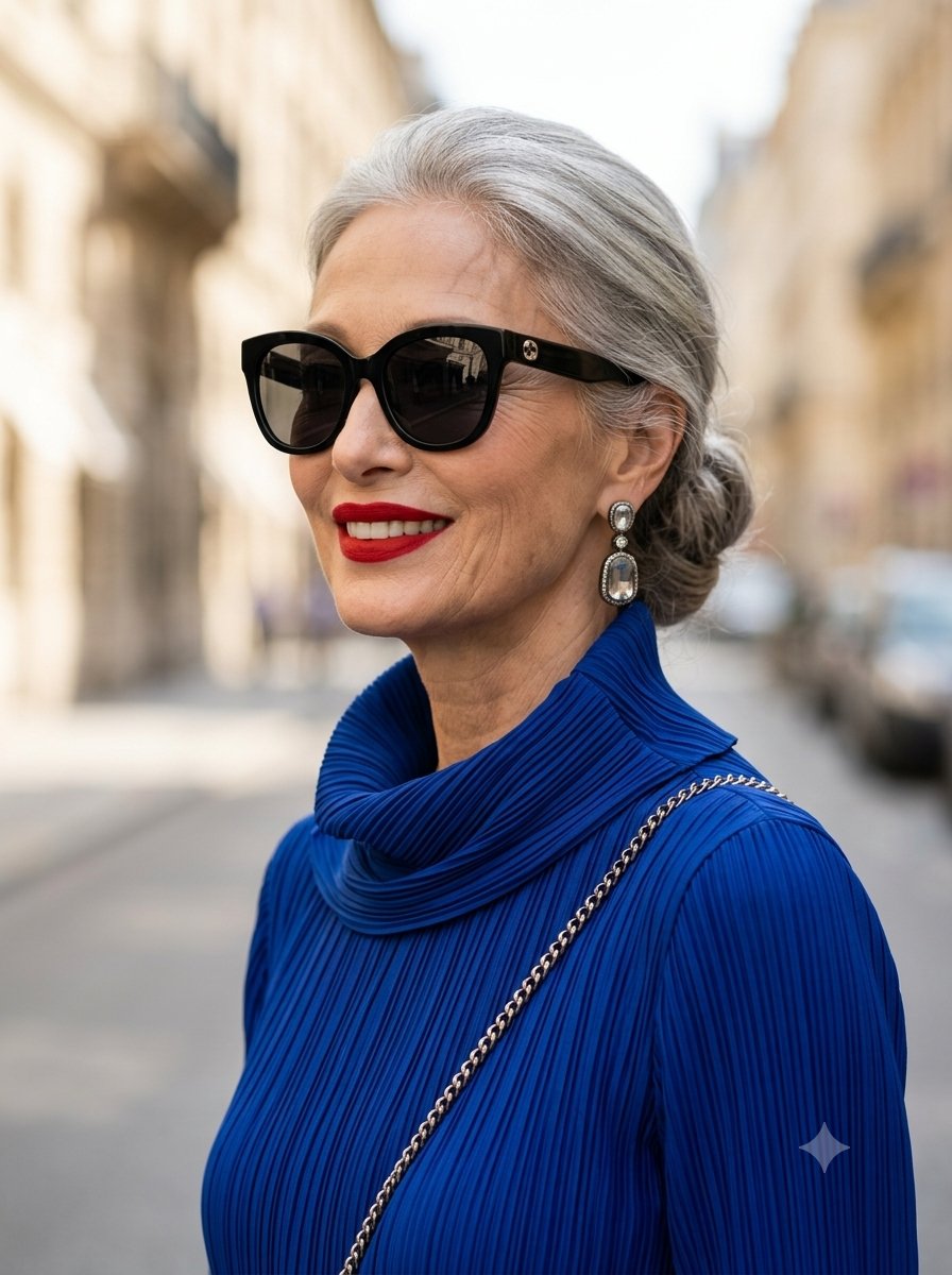 Ultra-realistic luxury street-style editorial portrait of an {argument name="subject" default="elegant older … - AI提示词参考图,来自西西提示词