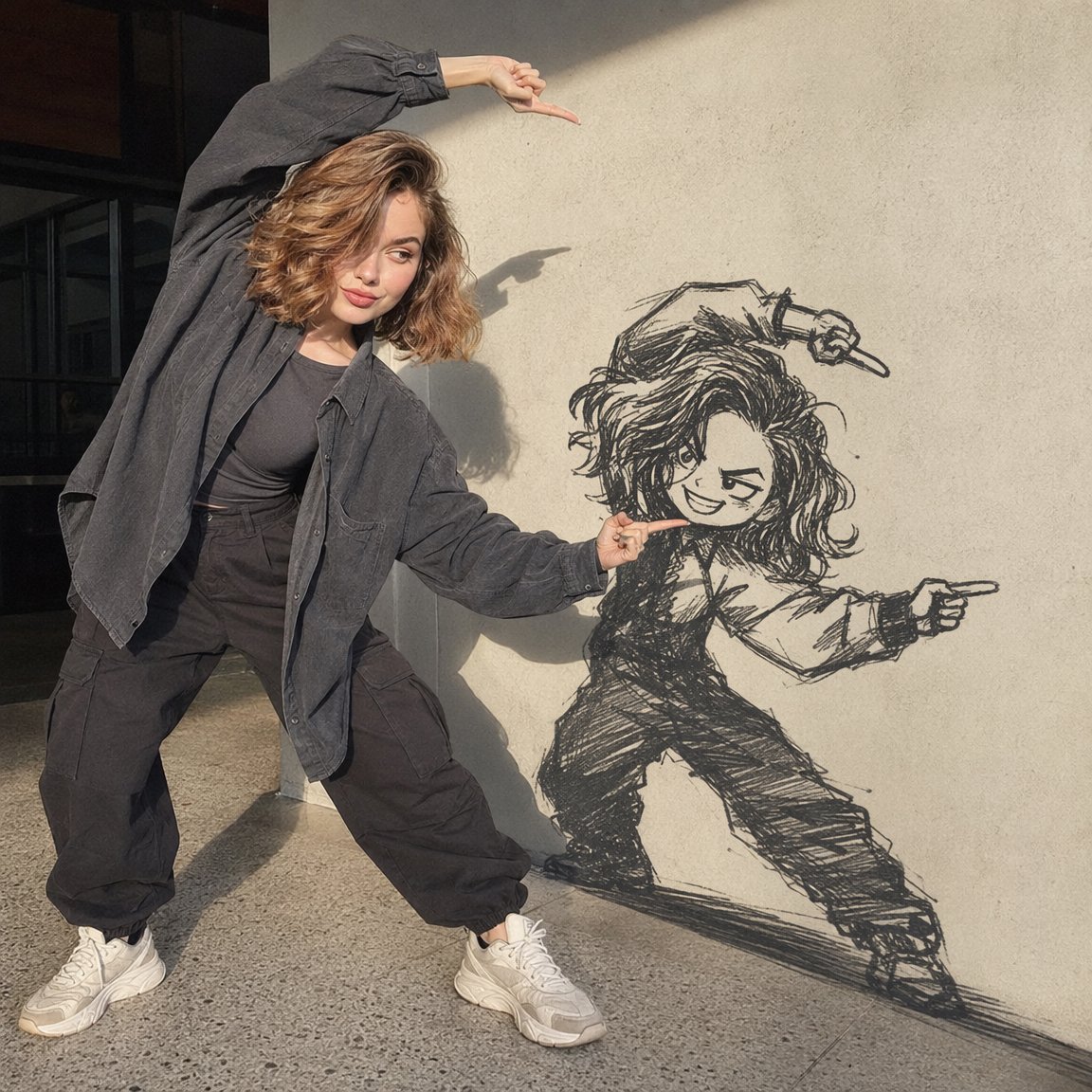 A full-body, photorealistic portrait of a stylish young woman posing dramatically beside a {argument name="wa… - AI提示词参考图，来自西西提示词