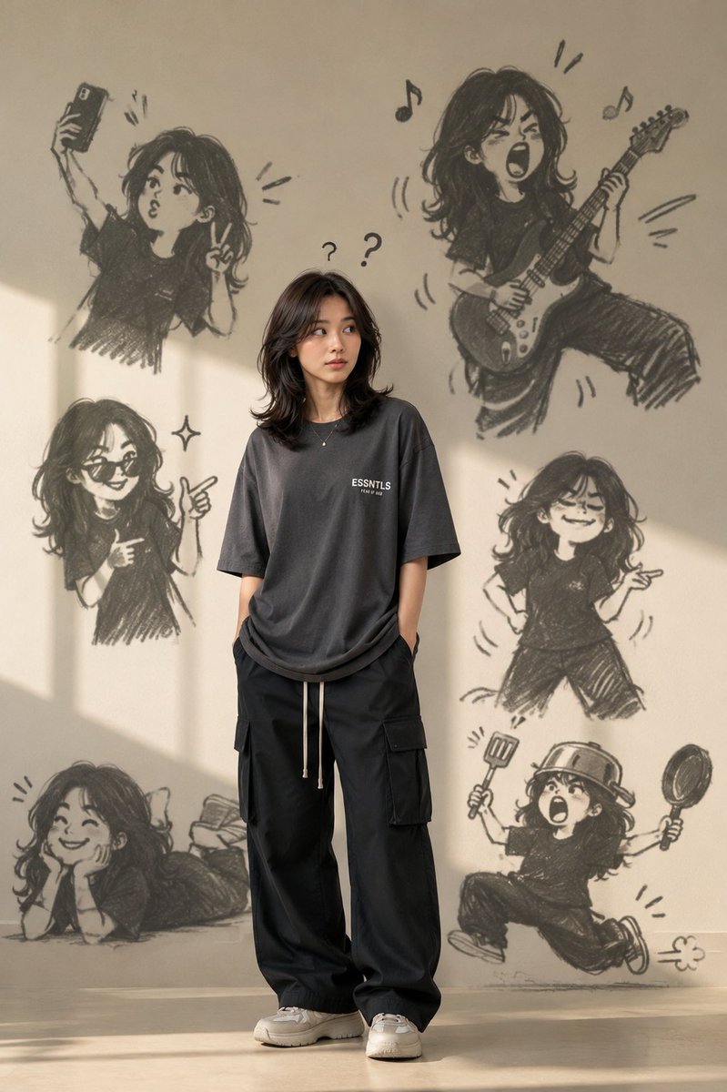 A mischievous doodle shadow mimics the character with {argument name="shadow pose" default="exaggerated funny… - AI提示词参考图，来自西西提示词