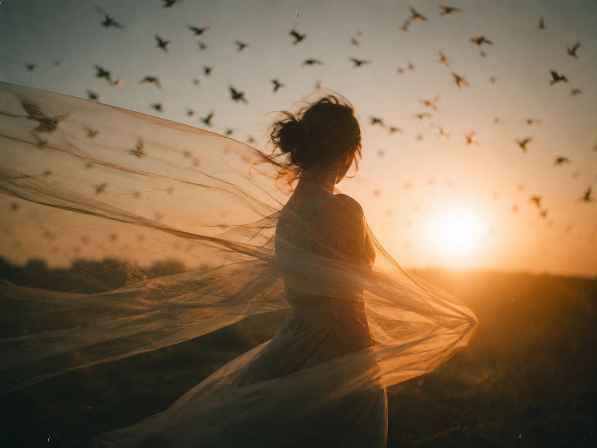Dreamy cinematic portrait of a {argument name="subject" default="solitary young woman"} standing in an open f… - AI提示词参考图，来自西西提示词