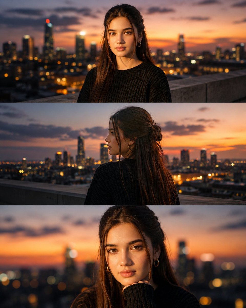 Ultra-realistic luxury cinematic rooftop portrait of a beautiful young woman during blue hour sunset, wearing… - AI提示词参考图，来自西西提示词