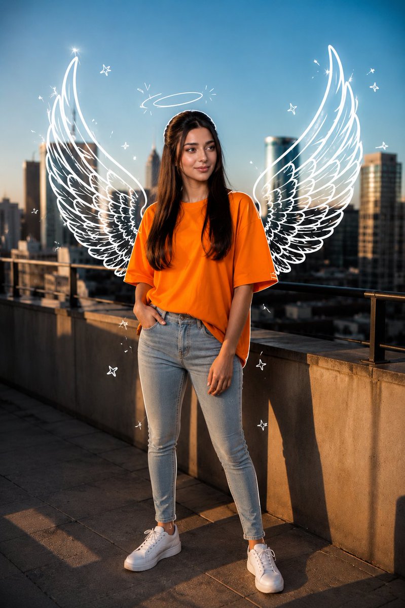 Create a full-body rooftop lifestyle portrait during golden hour. The subject is standing confidently on a mo… - AI提示词参考图，来自西西提示词