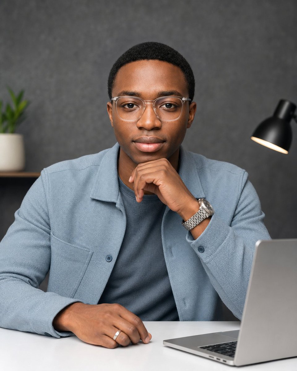 Create an ultra-realistic, high-end professional lifestyle portrait of a stylish young African man seated con… - AI提示词参考图，来自西西提示词