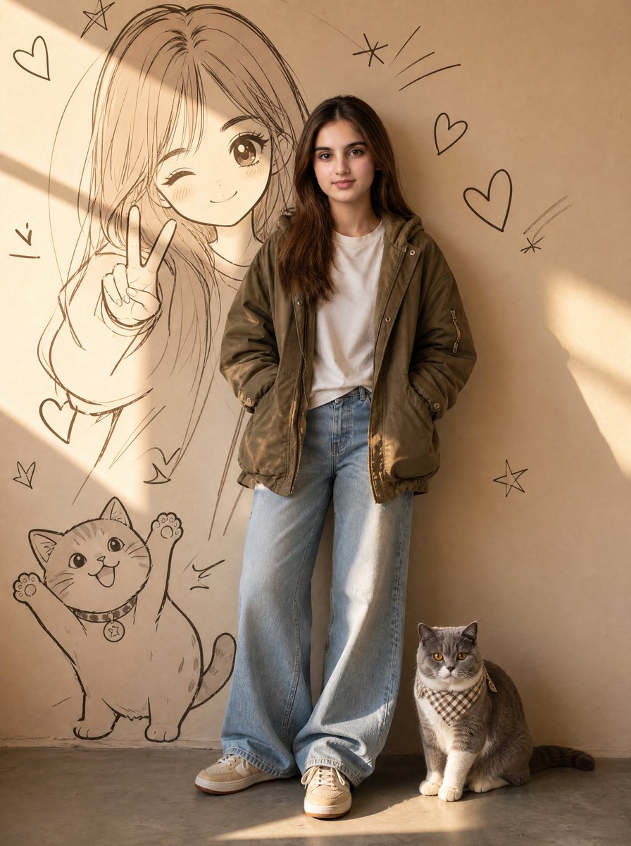 Create a cozy ultra-realistic vertical full-body portrait of a young woman standing casually indoors in front… - AI提示词参考图，来自西西提示词