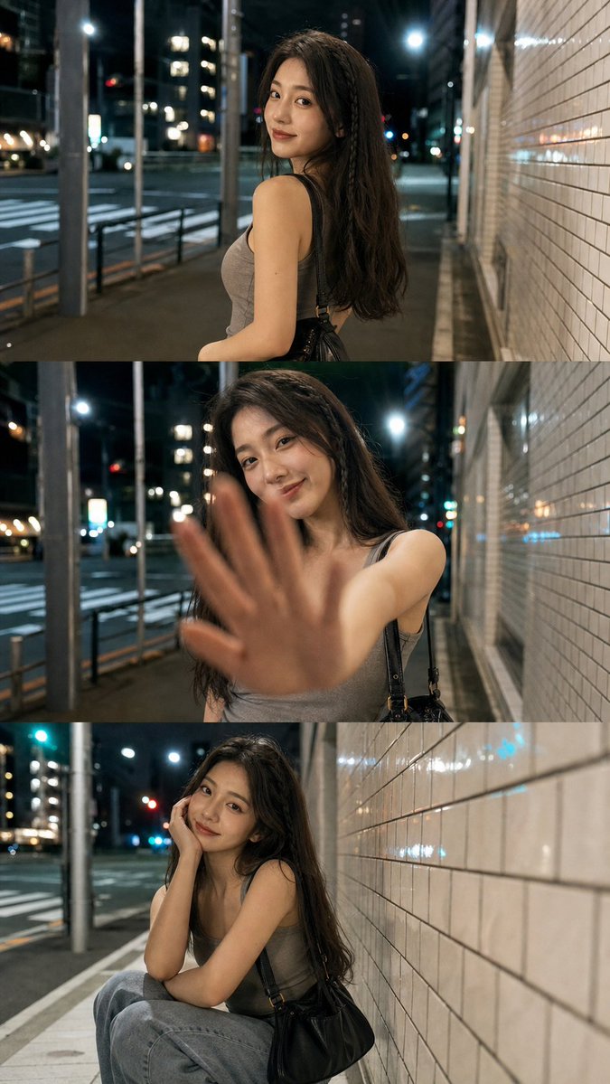 Goal: Create a realistic vertical mobile-night-photography triptych of the same young woman during a late-nig… - AI提示词参考图，来自西西提示词