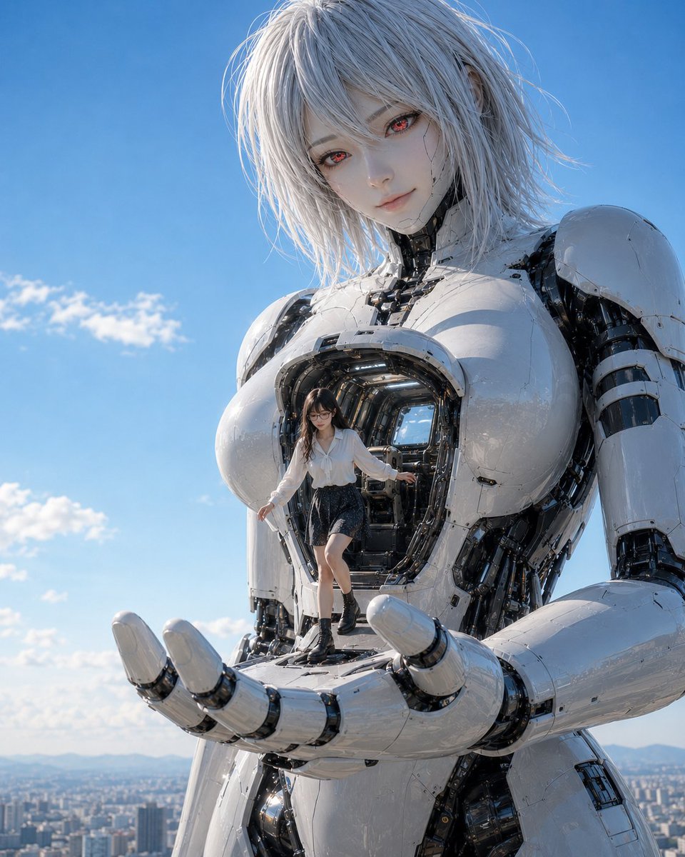 Create a cinematic photorealistic science-fiction scene of exactly two figures: one enormous female humanoid … - AI提示词参考图，来自西西提示词