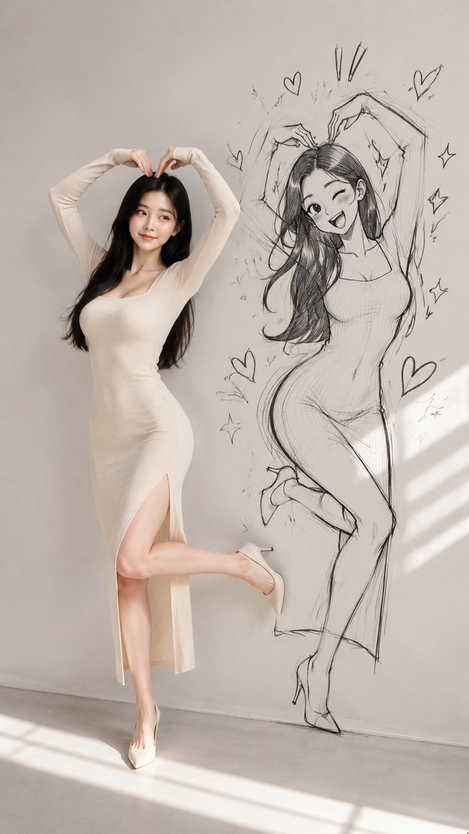 Create a vertical full-body fashion portrait in a minimalist sunlit studio: on the left, a photorealistic you… - AI提示词参考图，来自西西提示词