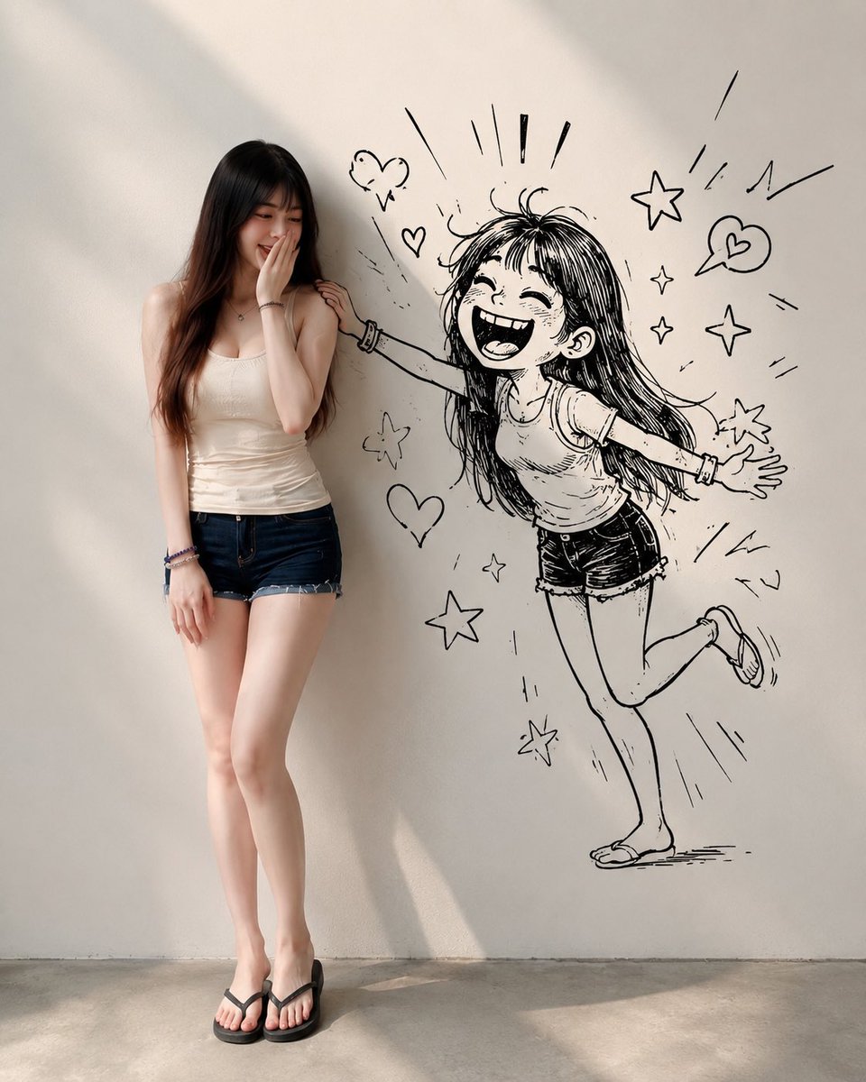 Create a single 4:5 vertical editorial photo-real image of a young woman standing beside a black hand-drawn d… - AI提示词参考图，来自西西提示词