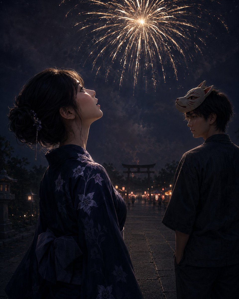 Create a cinematic, realistic anime-style night scene at a Japanese summer festival shrine approach. In the f… - AI提示词参考图，来自西西提示词