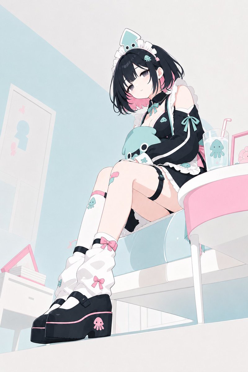 Create a soft pastel anime illustration of {argument name="character name" default="a shy squid-themed maid g… - AI提示词参考图，来自西西提示词